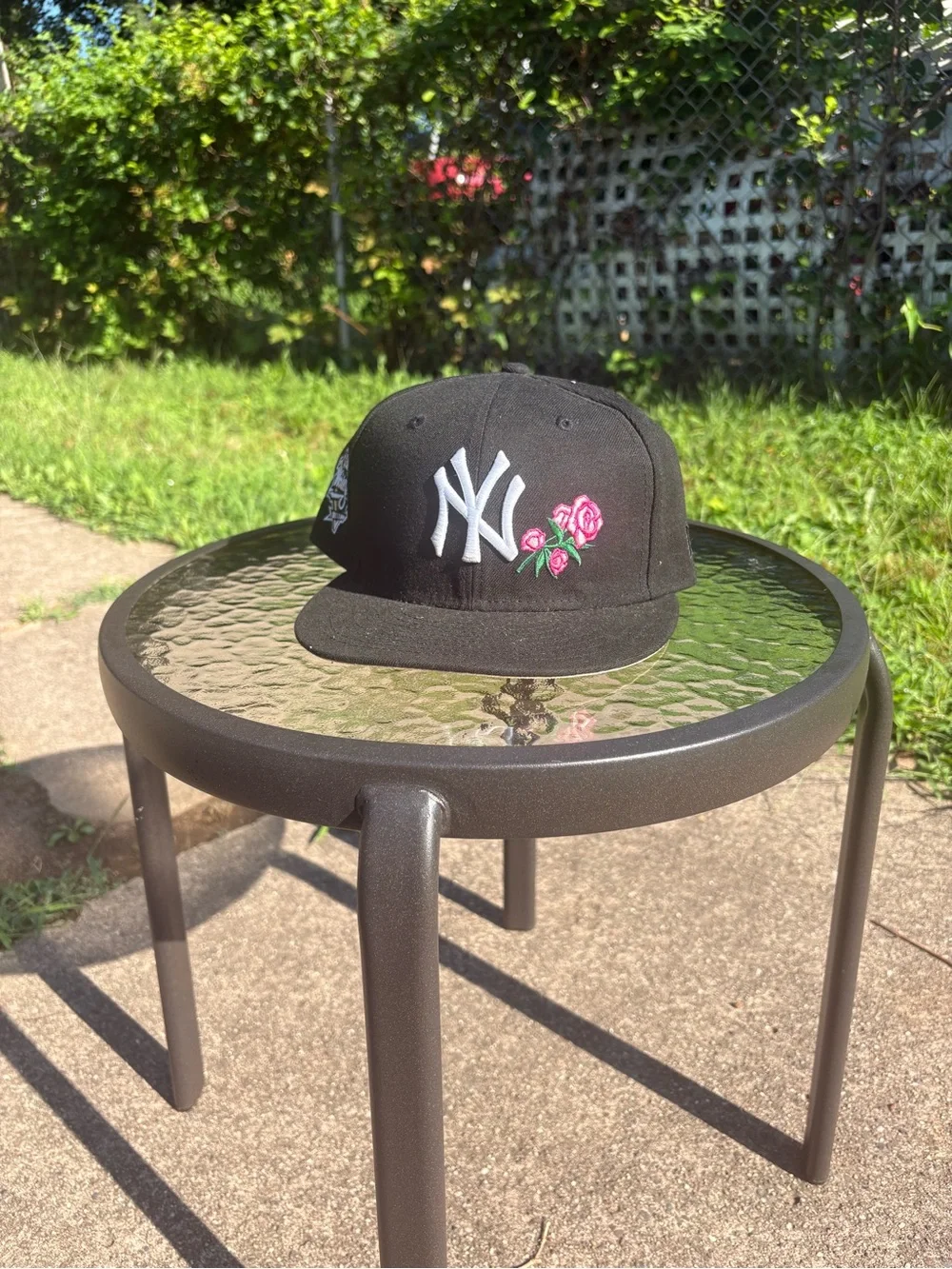 NY Logo Cap with Pink Rose Embroidery